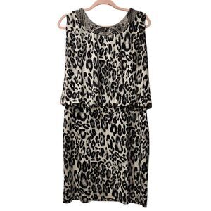 Dressbarn Collection Leopard Print Dress Lined Embellished Size 16 Black‎ Tan